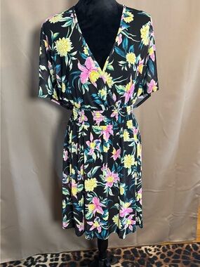 Torrid Black Floral Wrap-Style Swim Coverup with Pink & Yellow Blooms